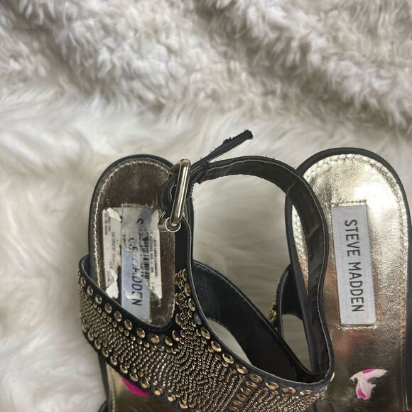 Steve Madden black satin fabric& gold tone studded ankle strap sandals SZ11 - Picture 7 of 13